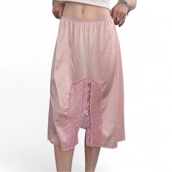baby pink satin slip midi skirt with lace cutouts - Picture 2 of 8